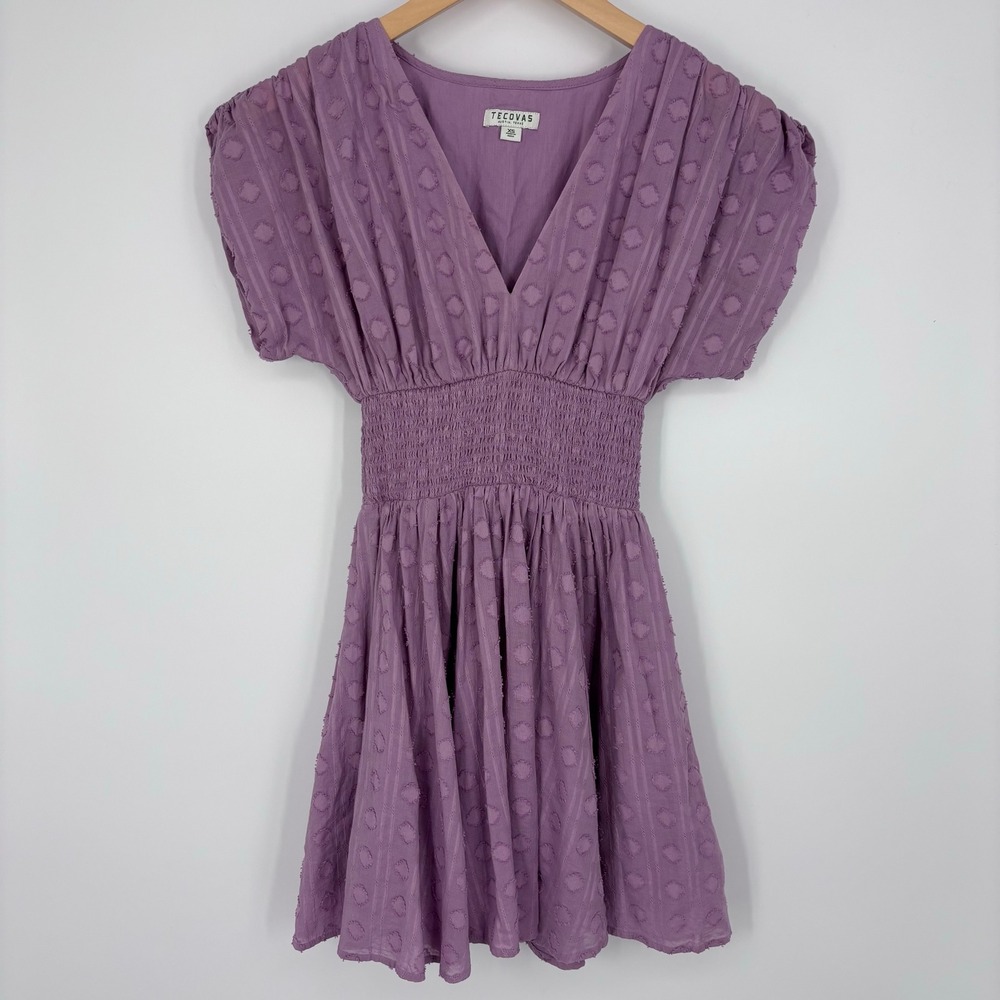 Tecovas Lavender Clip Dot Smocked Waist V-Neck Mini Dress Womens XS Western Boho